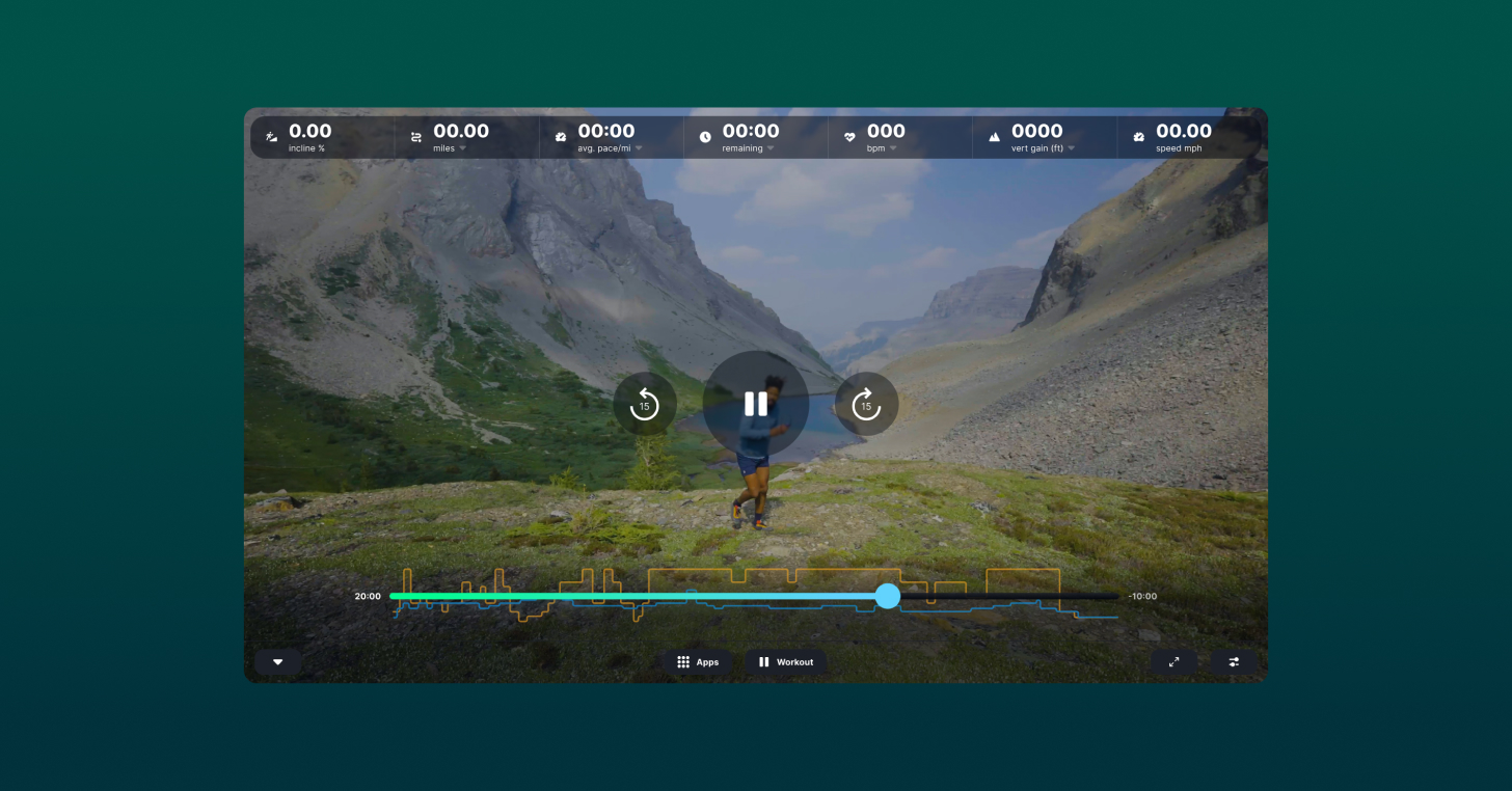 A runner navigates a scenic outdoor iFIT workout using the new on-screen controls, including pause, skip, and timeline scrubbing for full video-on-demand control.
