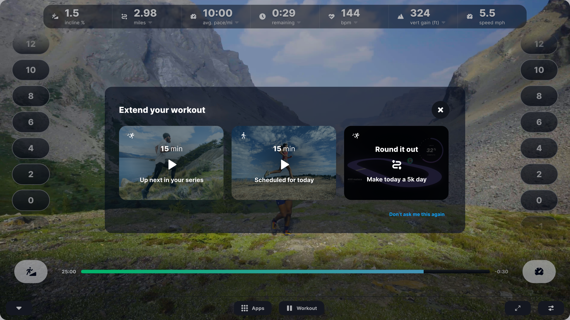 The iFIT Stacked Workouts feature prompts members to extend their session with a next workout, scheduled session, or Round it out milestone suggestion directly on the console.