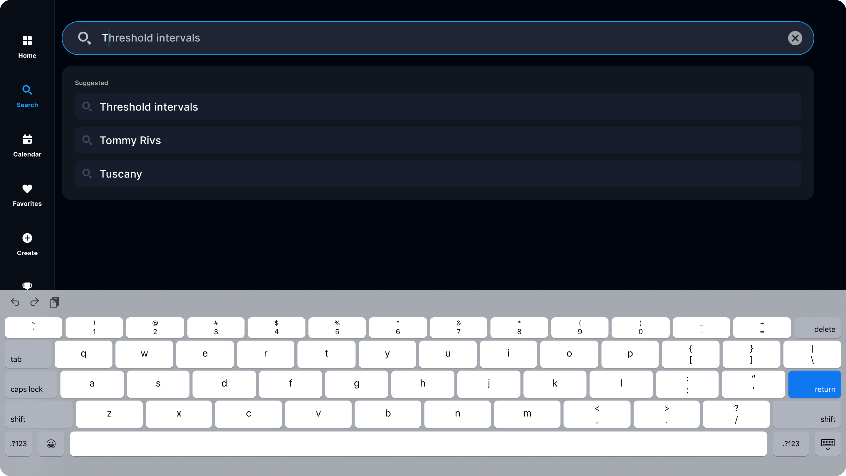 iFIT 2.0 search page showing recent search history and updated workout filter options including Calories and Distance — July 2026 platform update