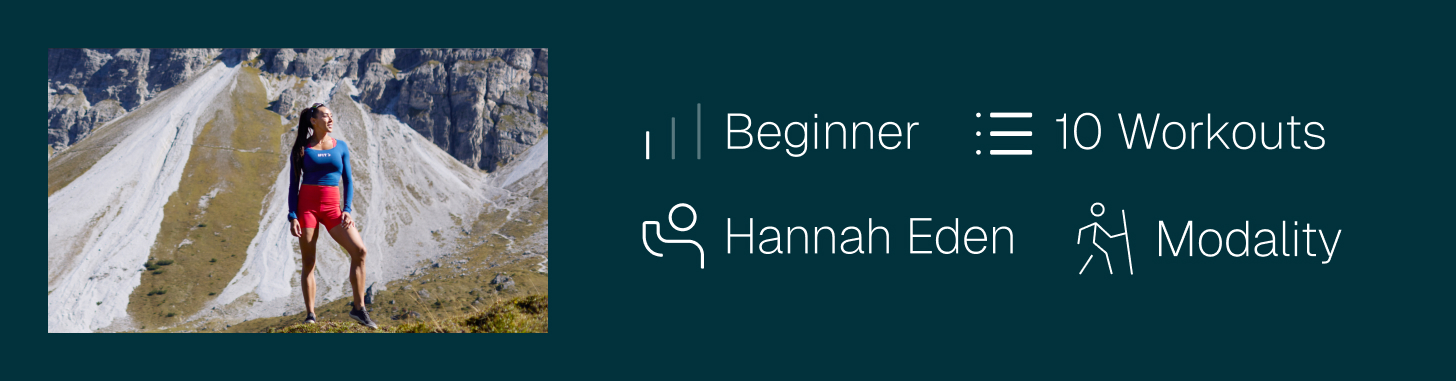 Program overview for the Austrian Alps 12-3-30 Hiking Series on the iFIT fitness app featuring Trainer Hannah Eden and ten structured incline hiking workouts.