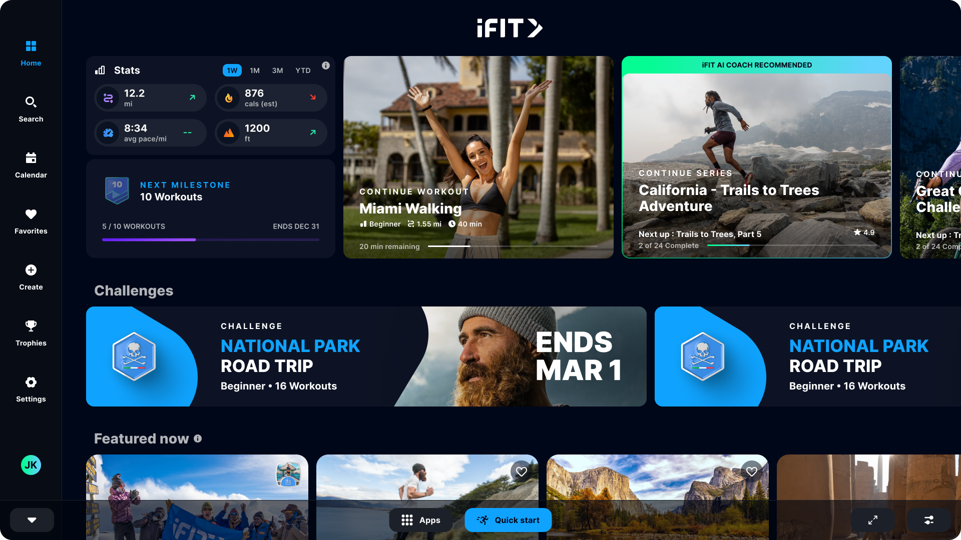 iFIT 2.0 dashboard displaying workout resume feature, milestone tracker, and AI Coach-recommended series — July 2026 software update