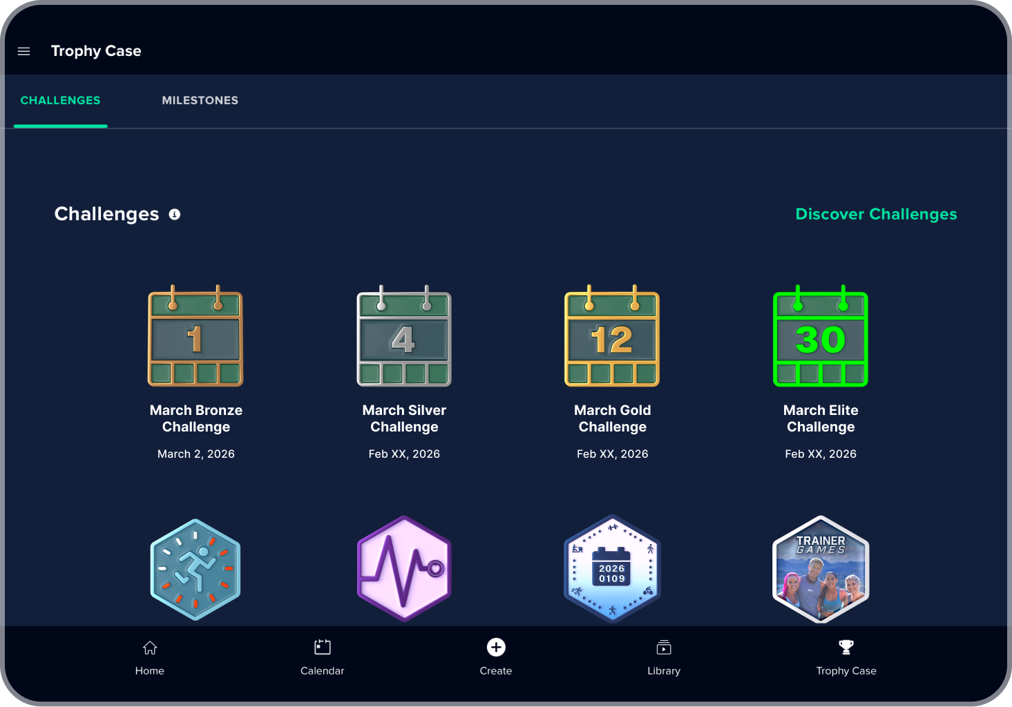 Screenshot of the Trophy Case inside the iFIT fitness app showing March Consistency Challenge badges for Bronze, Silver, Gold, and Elite levels.