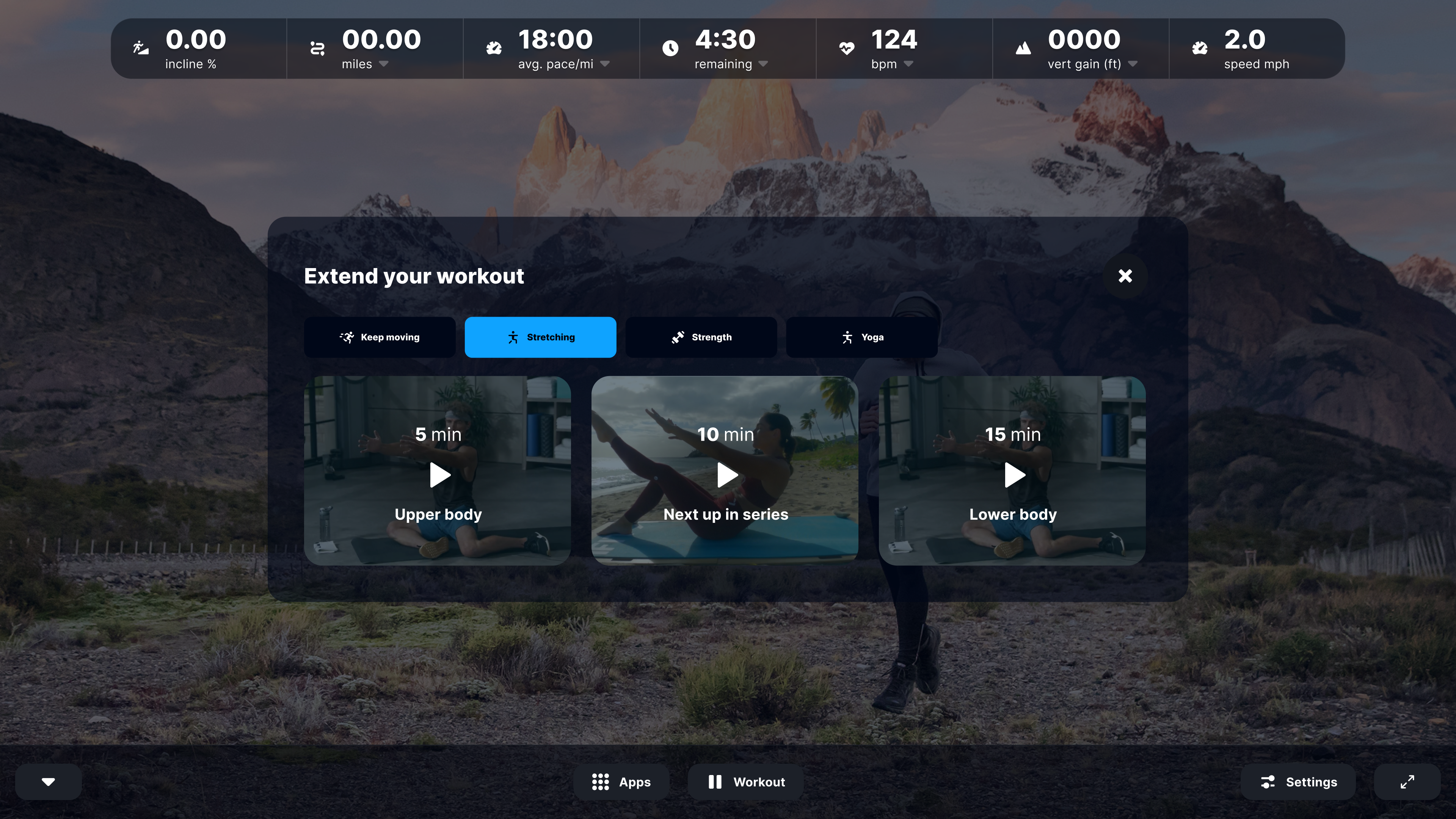 After a treadmill session, the iFIT Stacked Workouts screen offers filtered options by category including stretching, strength, and yoga, so members can keep moving without leaving the console.