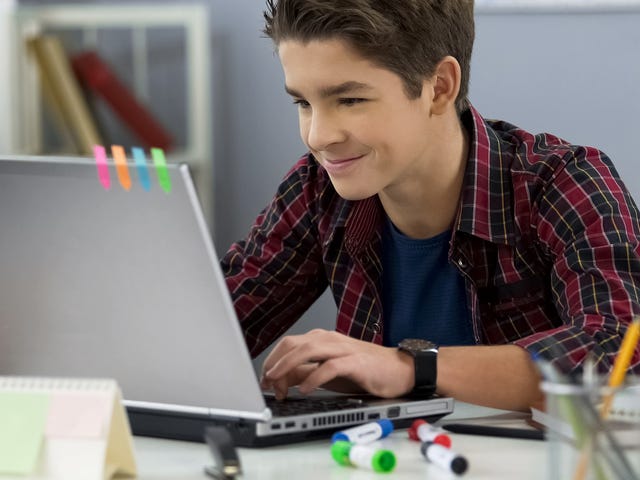 Ein Junge sitzt an seinem Laptop und nimmt an einem Online Programmierkurs teil.