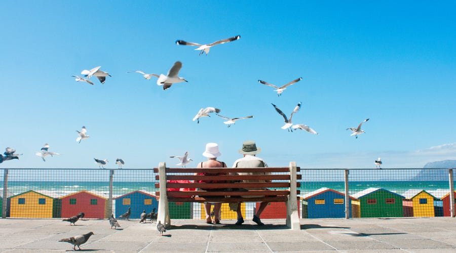 Möwen fliegen an der Strandpromenade.