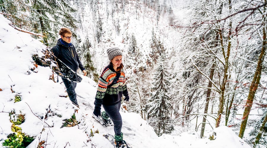 Two people walking in the snow.