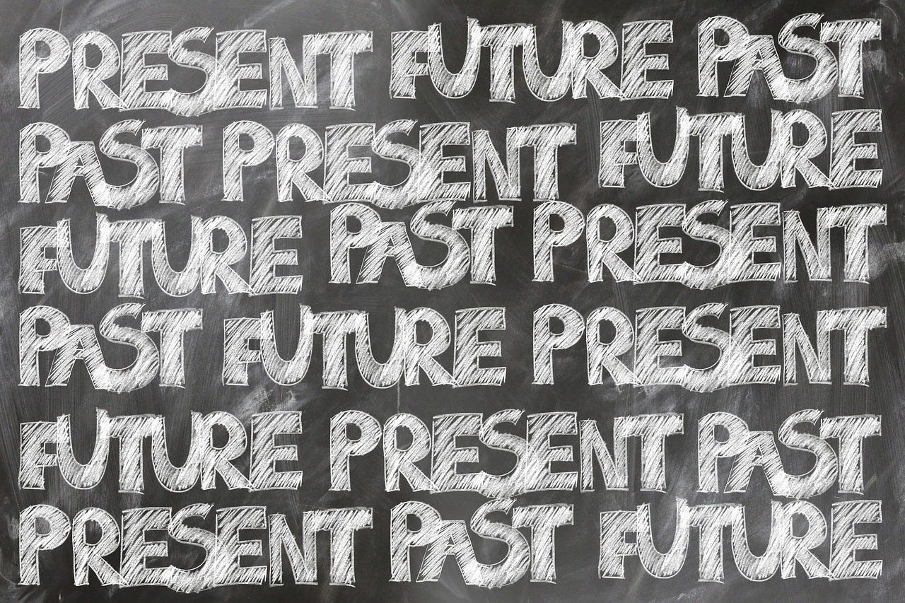 Auf einer schwarzen Tafel stehen die verschiedenen Zeitformen in Großbuchstaben