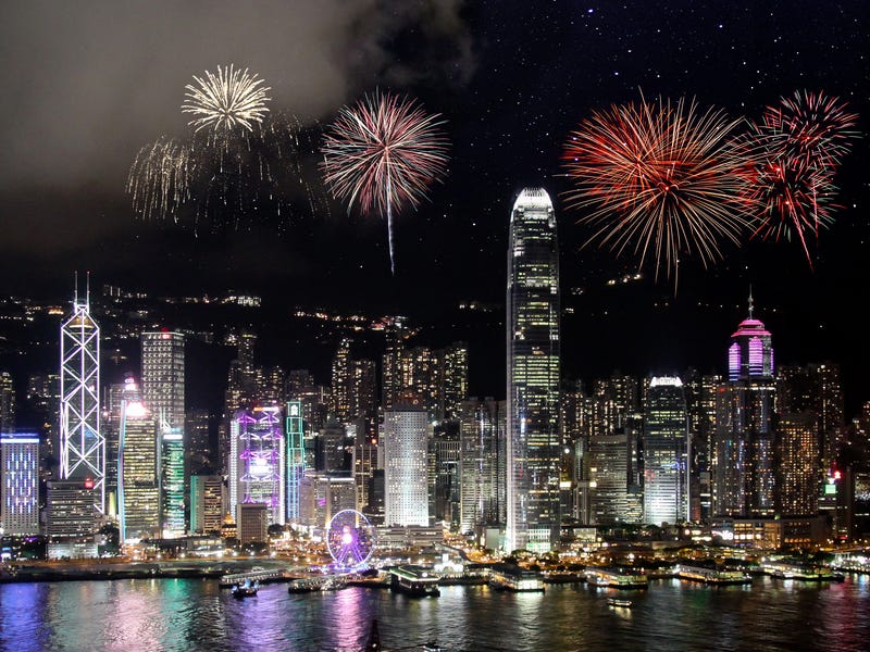 Feuerwerk über Hong Kong City