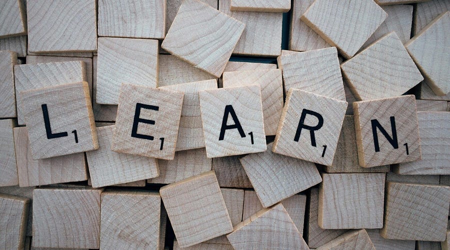 Holzsteine, die das englische Wort "Learn" darstellen.