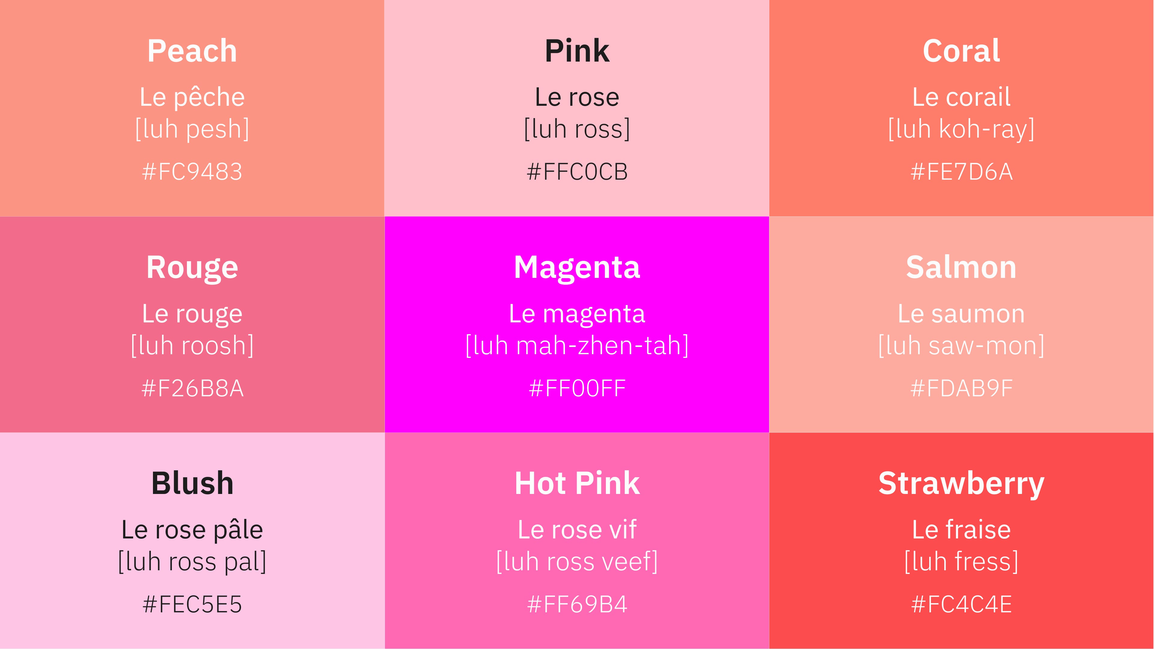 Überblick der verschiedenen Töne der Farbe Pink.