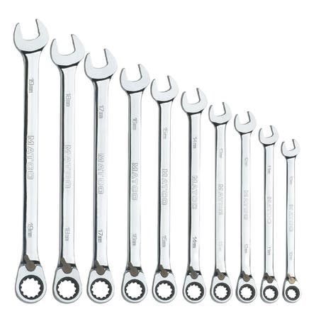 10 PIECE 90 TOOTH EXTRA LONG METRIC REVERSIBLE RATCHETING WRENCH SET