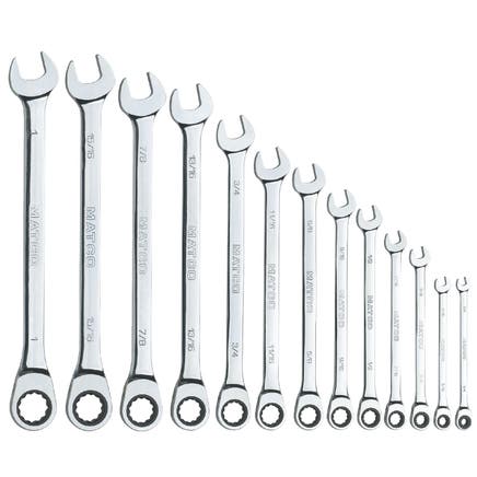 13 PIECE 72 TOOTH EXTRA LONG SAE COMBINATION RATCHETING WRENCH SET