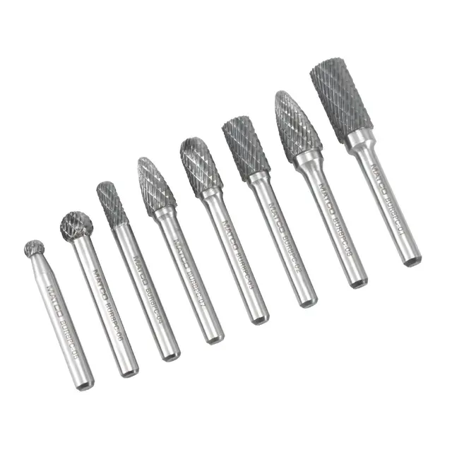 STANDARD LENGTH CARBIDE BURR SET, 1/4" STANK, DOUBLE CUT, 8 PIECE