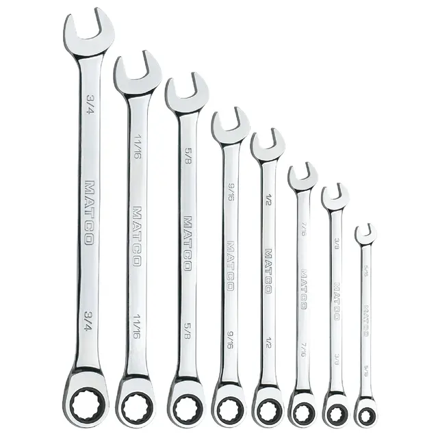 8 PIECE 72 TOOTH SAE EXTRA LONG COMBINATION RATCHETING WRENCH SET
