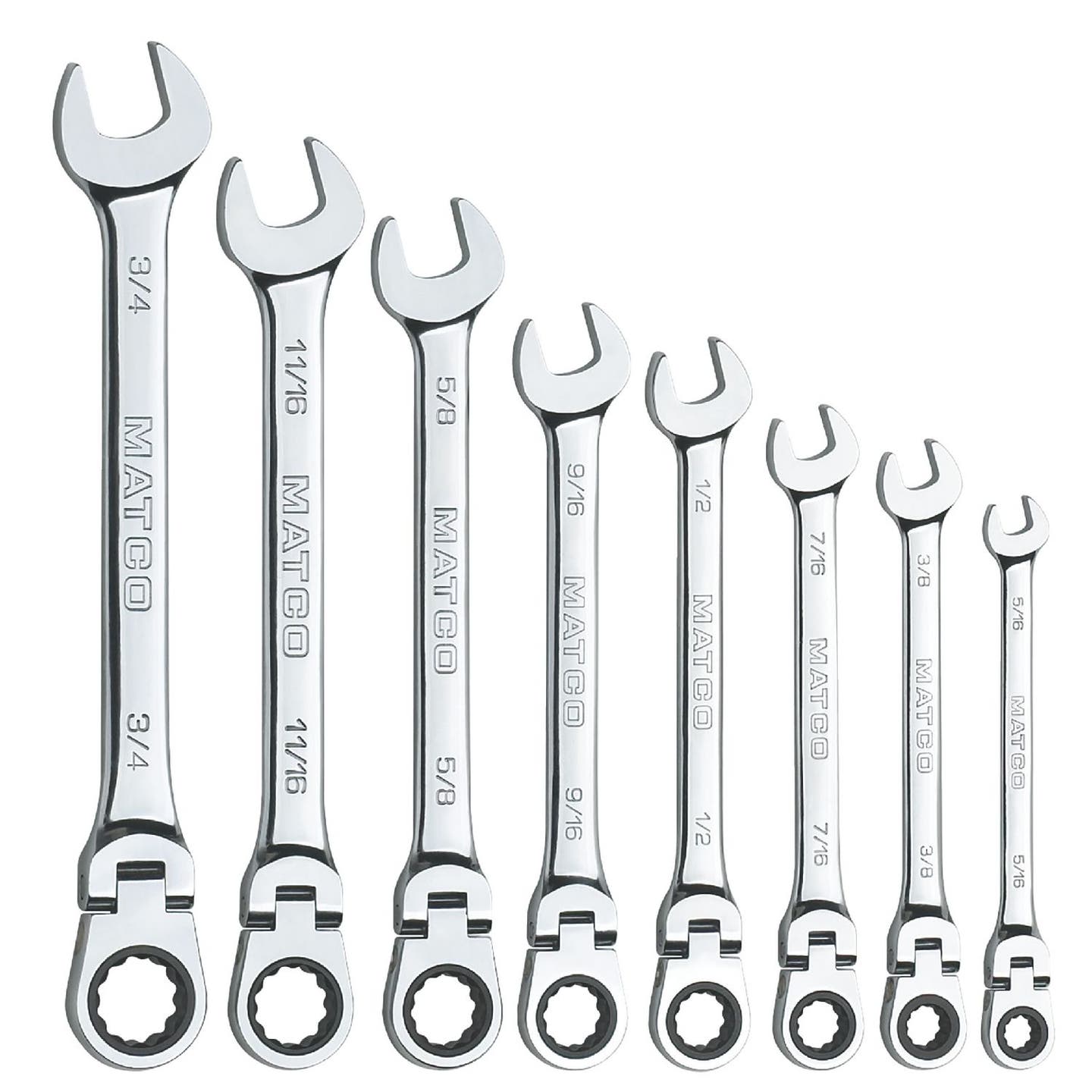 8 PIECE 72 TOOTH SAE COMBO FLEX RATCHETING WRENCH SET