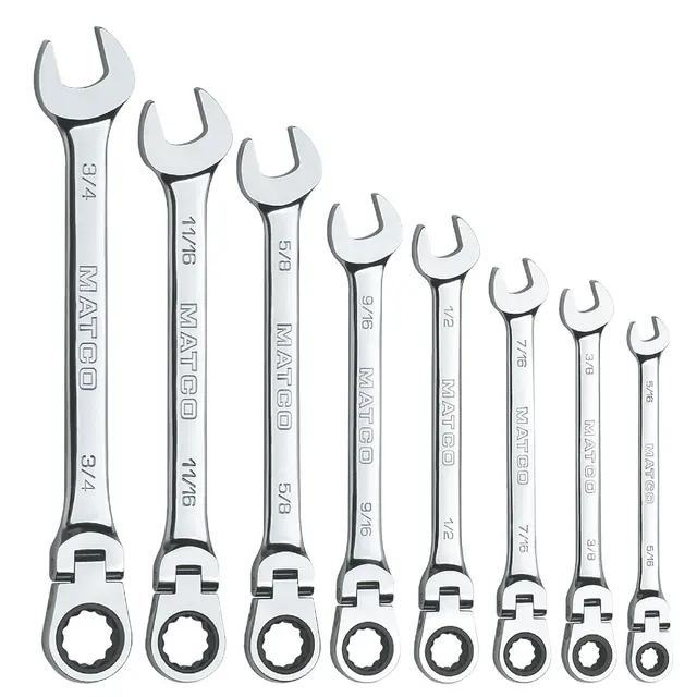 8 PIECE 72 TOOTH SAE FLEXIBLE COMBINATION RATCHETING WRENCH SET