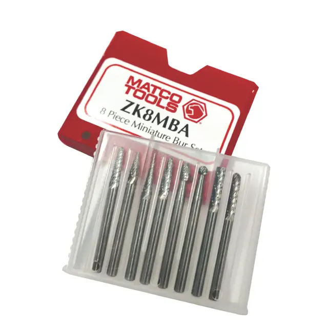 STANDARD LENGTH CARBIDE BURR SET, 1/8" SHANK, DOUBLE CUT, 8 PIECE