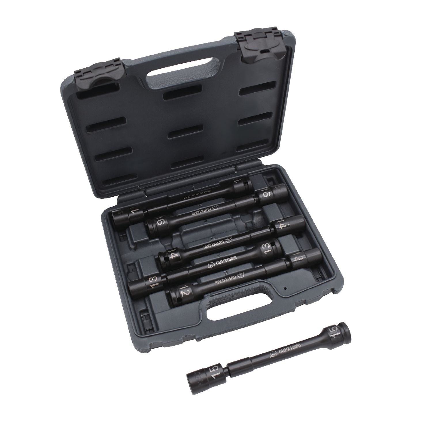 6 PIECE 1/2 DRIVE METRIC 6 POINT PINLESS UNIVERSAL IMPACT EXTENSION SET  SCUPXM66