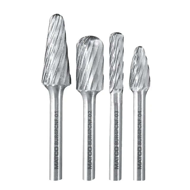 STANDARD LENGTH CARBIDE BURR SET, 1/4" SHANK, SINGLE CUT, 4PC
