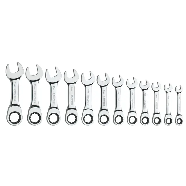 12 PIECE 72 TOOTH METRIC STUBBY COMBINATION RATCHETING WRENCH SET