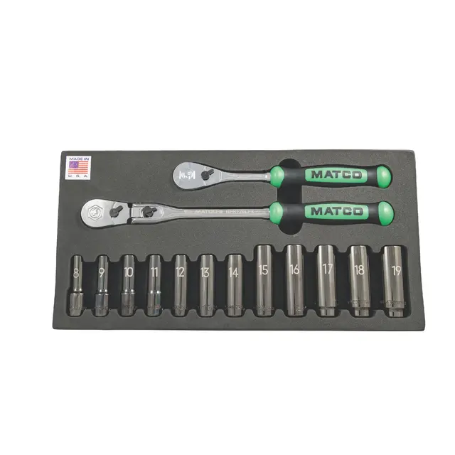 3/8" DRIVE 14 PIECE RATCHET AND DEEP SOCKET SET - GREEN