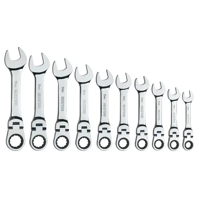 10 PIECE 72 TOOTH METRIC STUBBY FLEXIBLE COMBINATION RATCHETING WRENCH SET