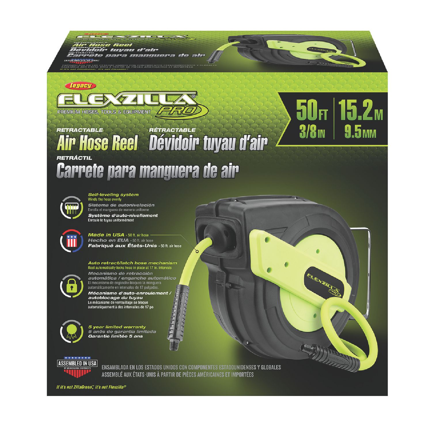 Flexzilla Pro Enclosed Plastic Retractable Air Hose Reel, 3/8 x 50
