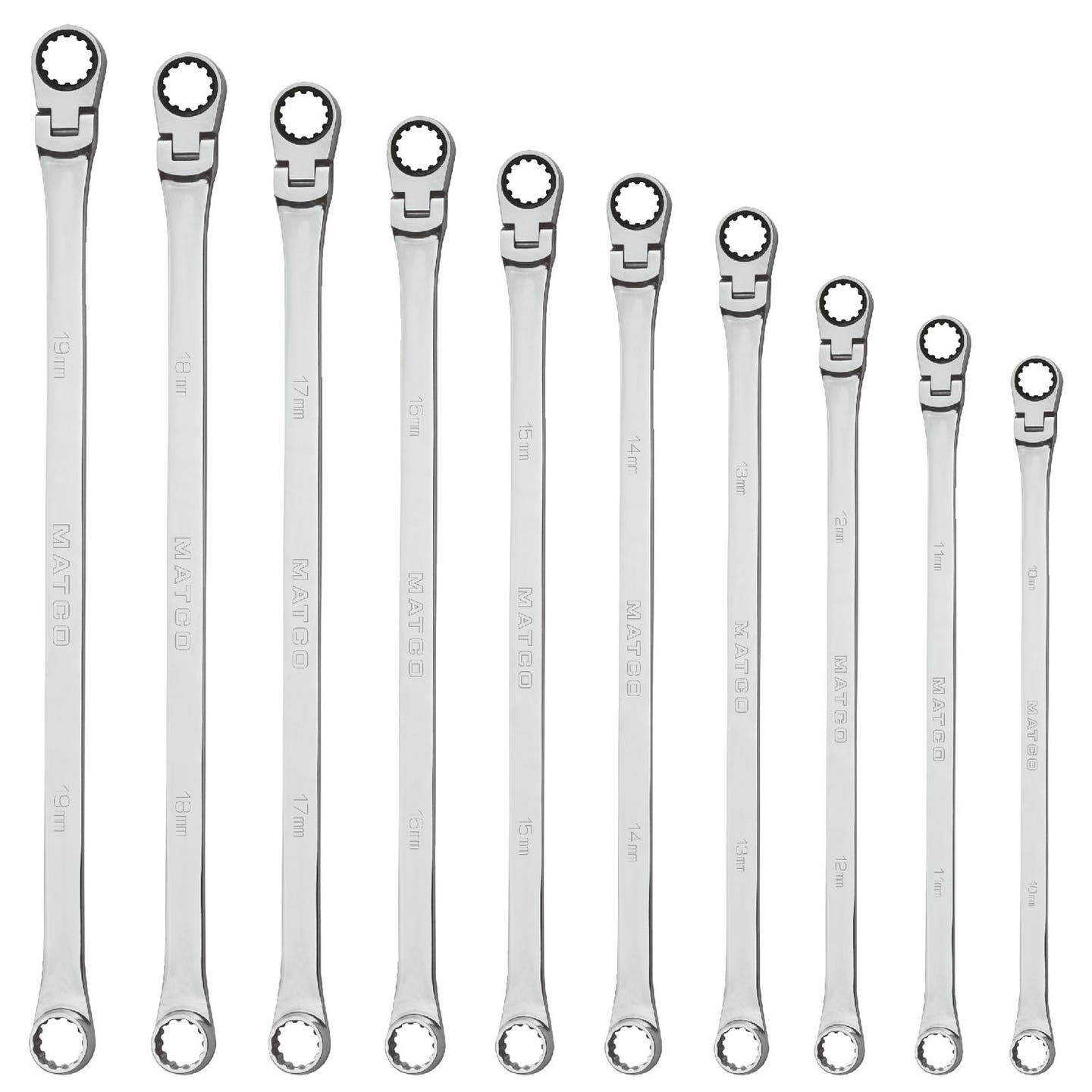 10 PIECE 0° FLEX RATCHETING EXTRA LONG WRENCH SET
