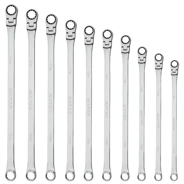 10 PIECE 0° FLEX RATCHETING EXTRA LONG WRENCH SET