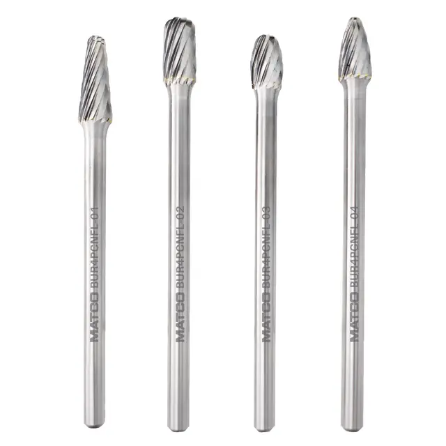 4.5" CARBIDE BURR SET, 1/4" SHANK, SINGLE CUT, 4 PIECE