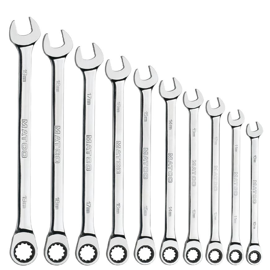 10 PIECE 90 TOOTH EXTRA LONG METRIC COMBINATION RATCHETING WRENCH SET