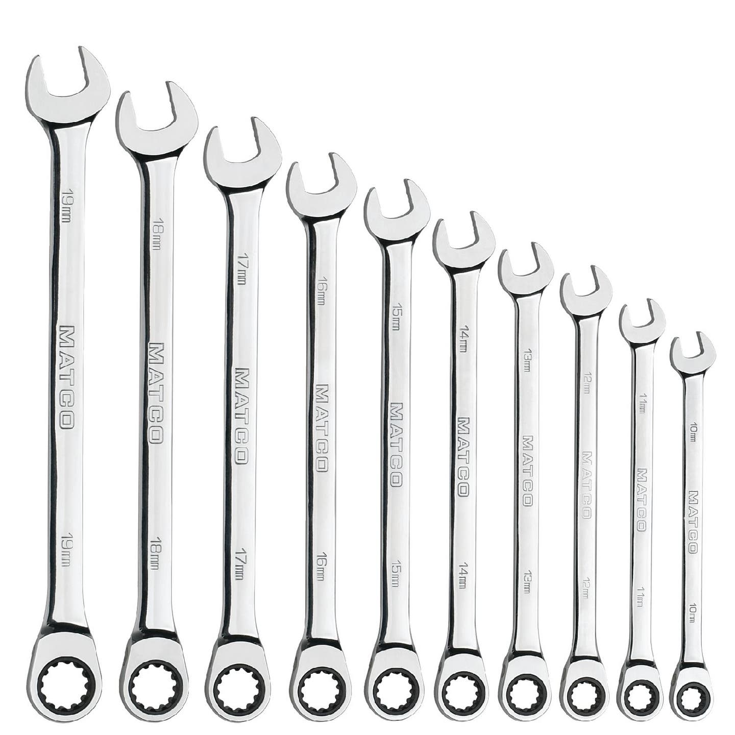 10 PIECE 90 TOOTH EXTRA LONG METRIC COMBINATION RATCHETING WRENCH SET