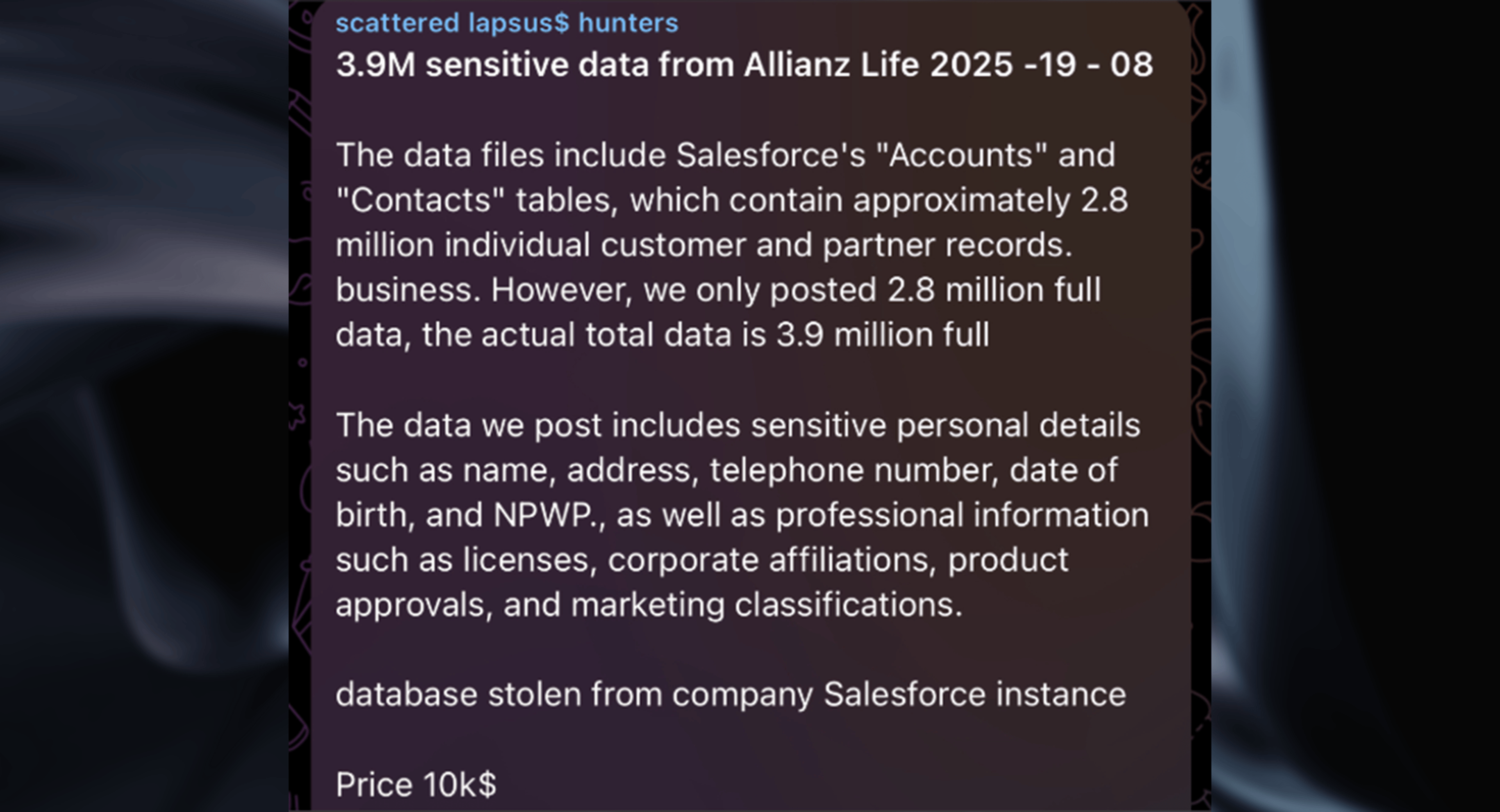 Allianz Life database stolen from Salesforce offered on Telegram. (Source: Telegram) 