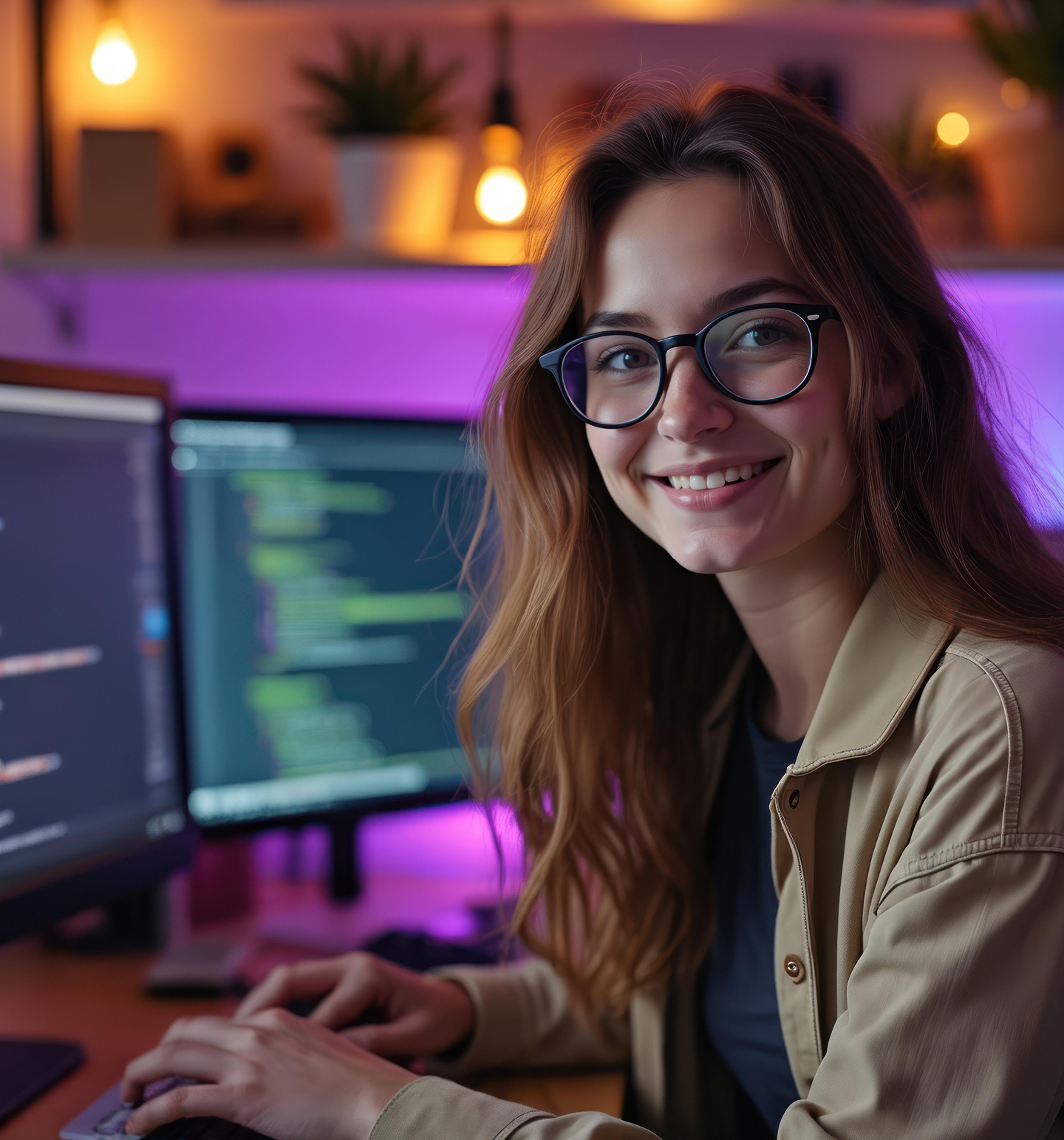  Woman Smiling and Typing on Keyboard