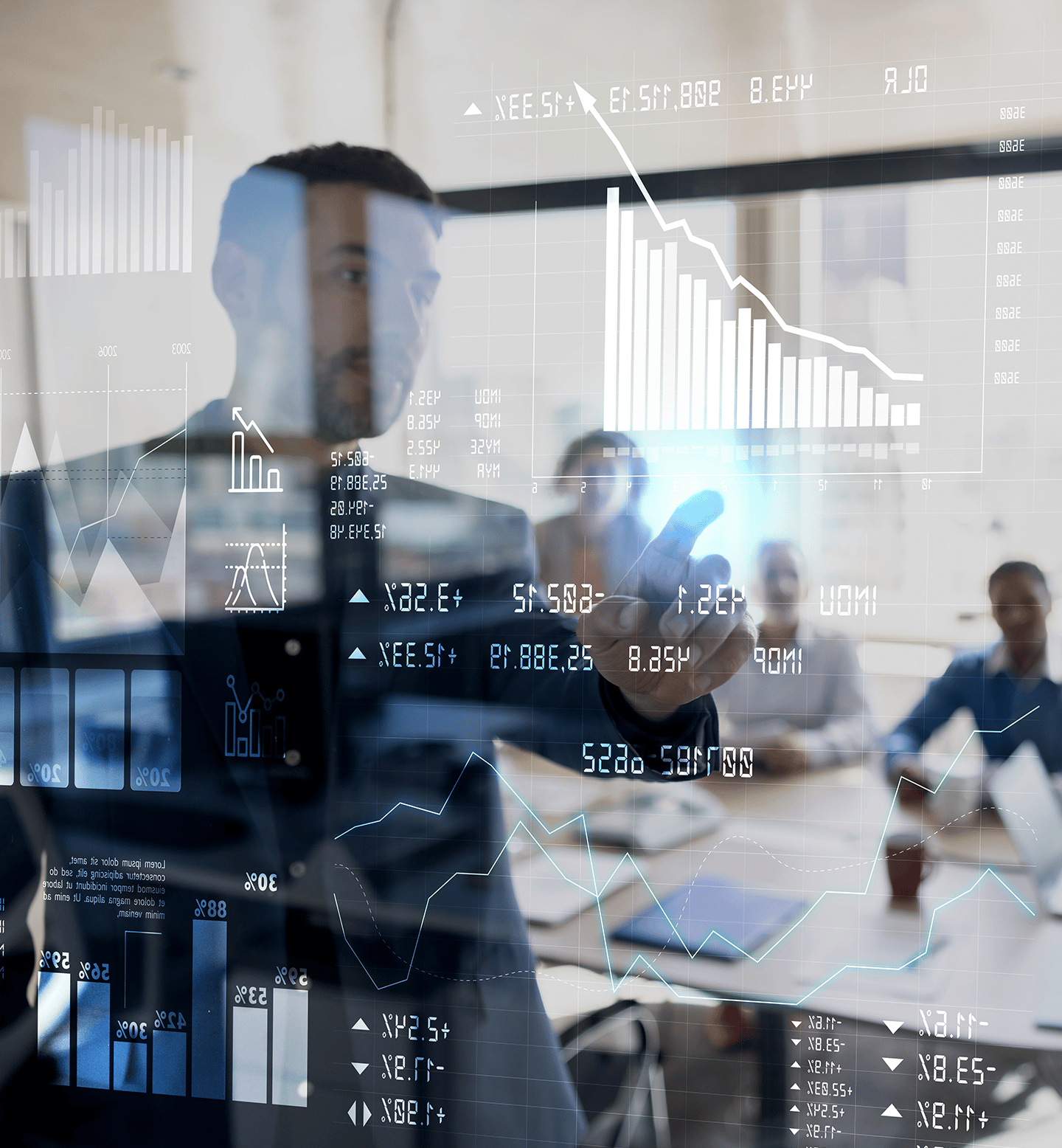 Man Touching Overlaid Text and Screen Full of Data