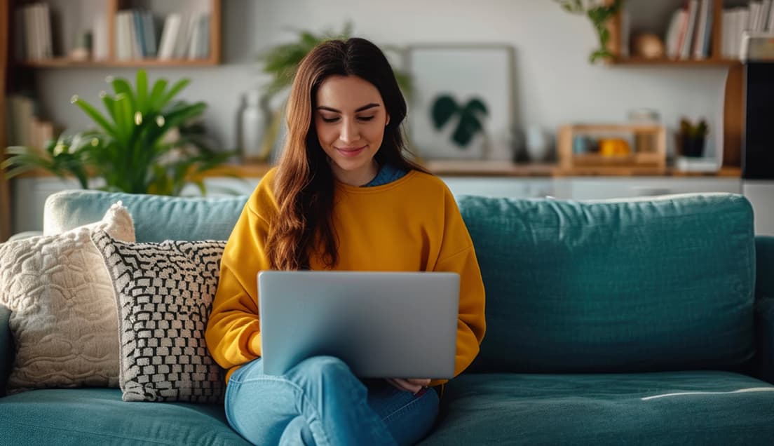 Woman in Orange Sweater Typing on Laptop