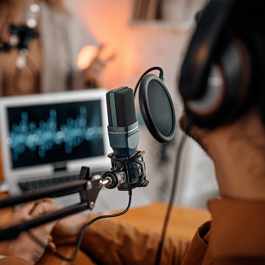 Person presenting on a podcast.