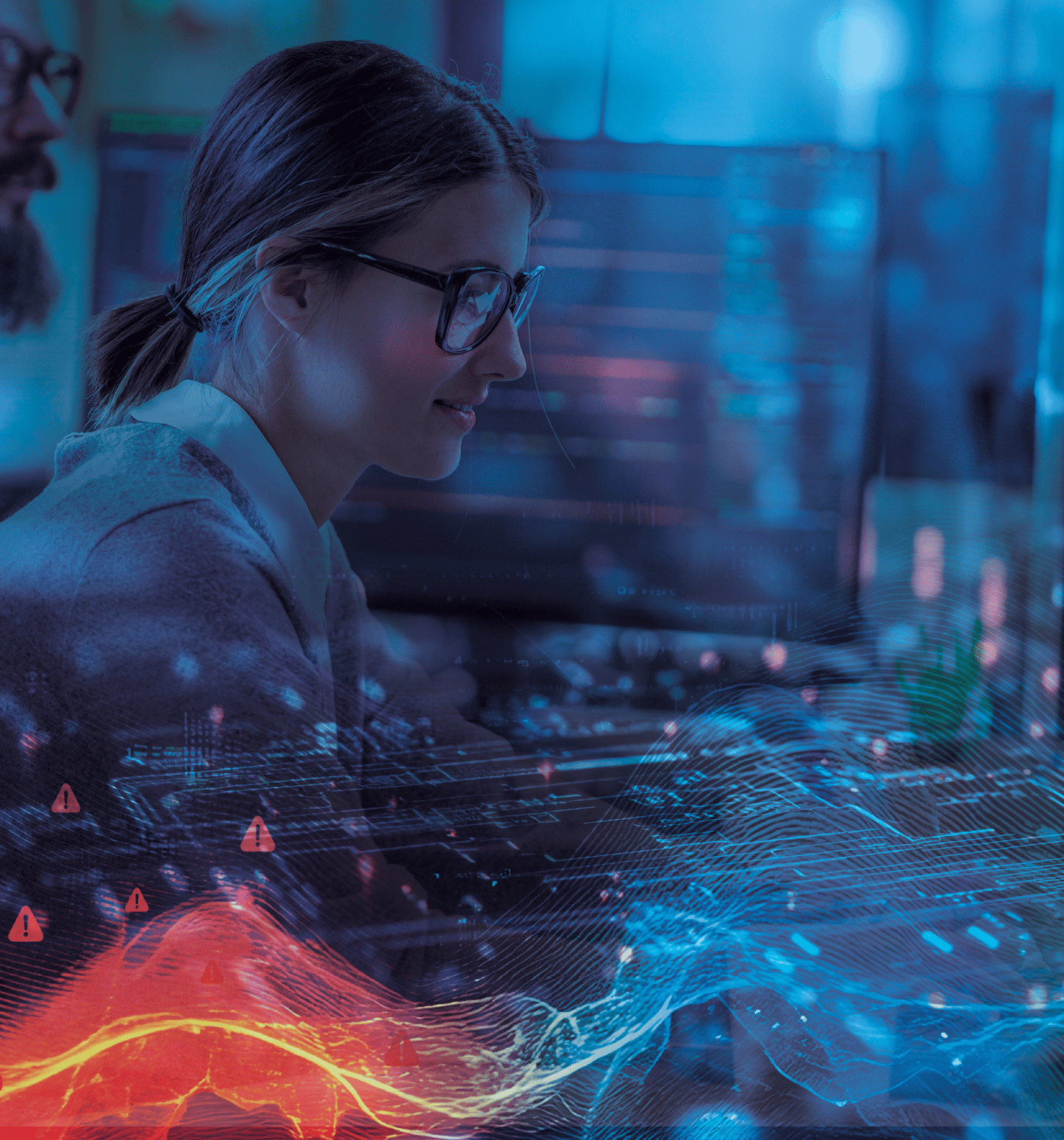 Woman Working In Tech With Abstract Design Overlaid