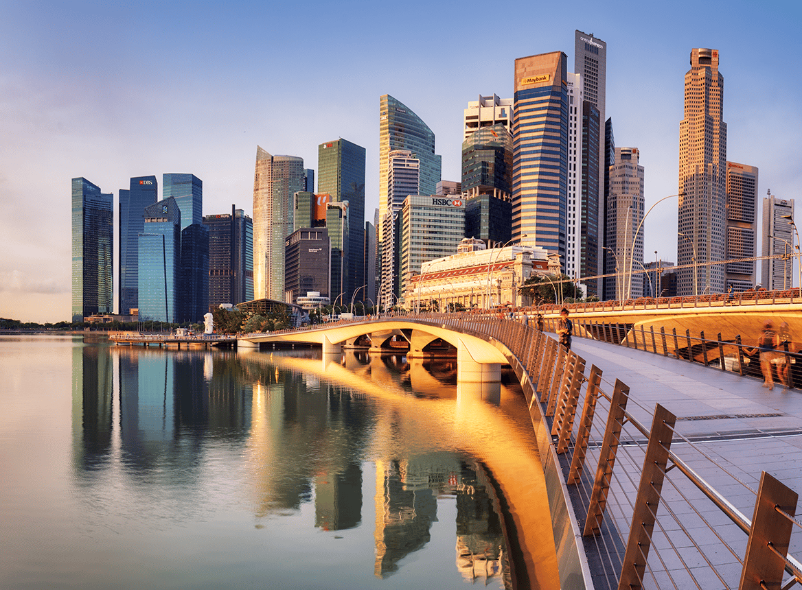 Singapore, Bridge Leading To Skyscrapers