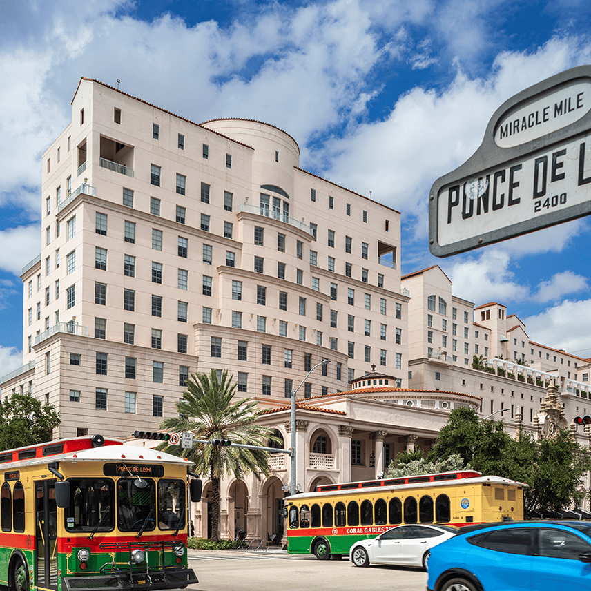 Coral Gables, Trolley and Large Building