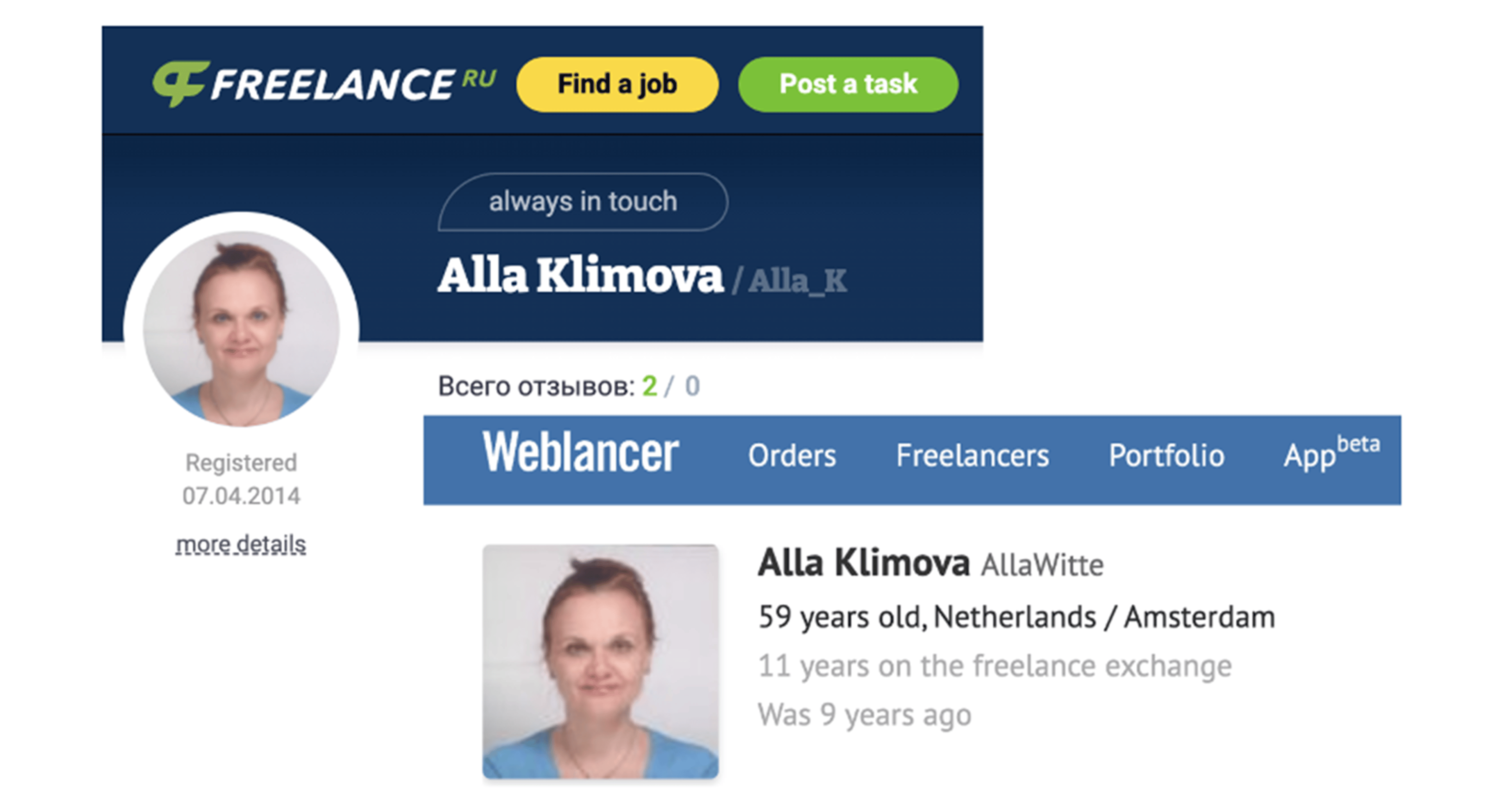 Figure 3: Alla Klimova Freelance Profiles
