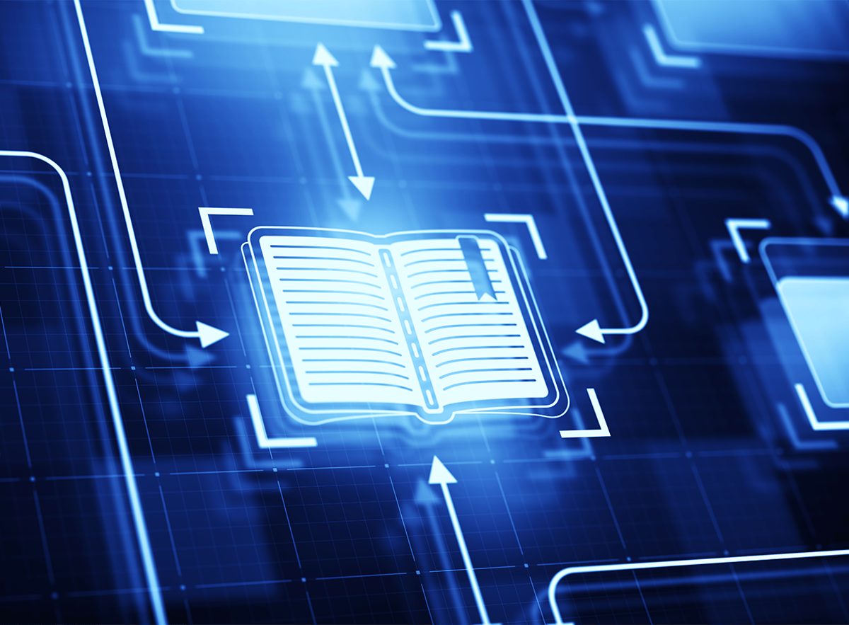 Blue Icon of a Book Surrounded By Arrows