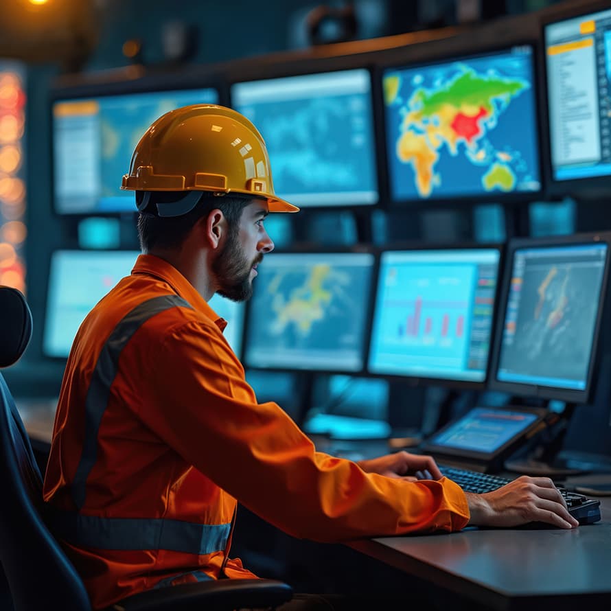 Man Wearing Hardhat Sitting at Row of Monitors