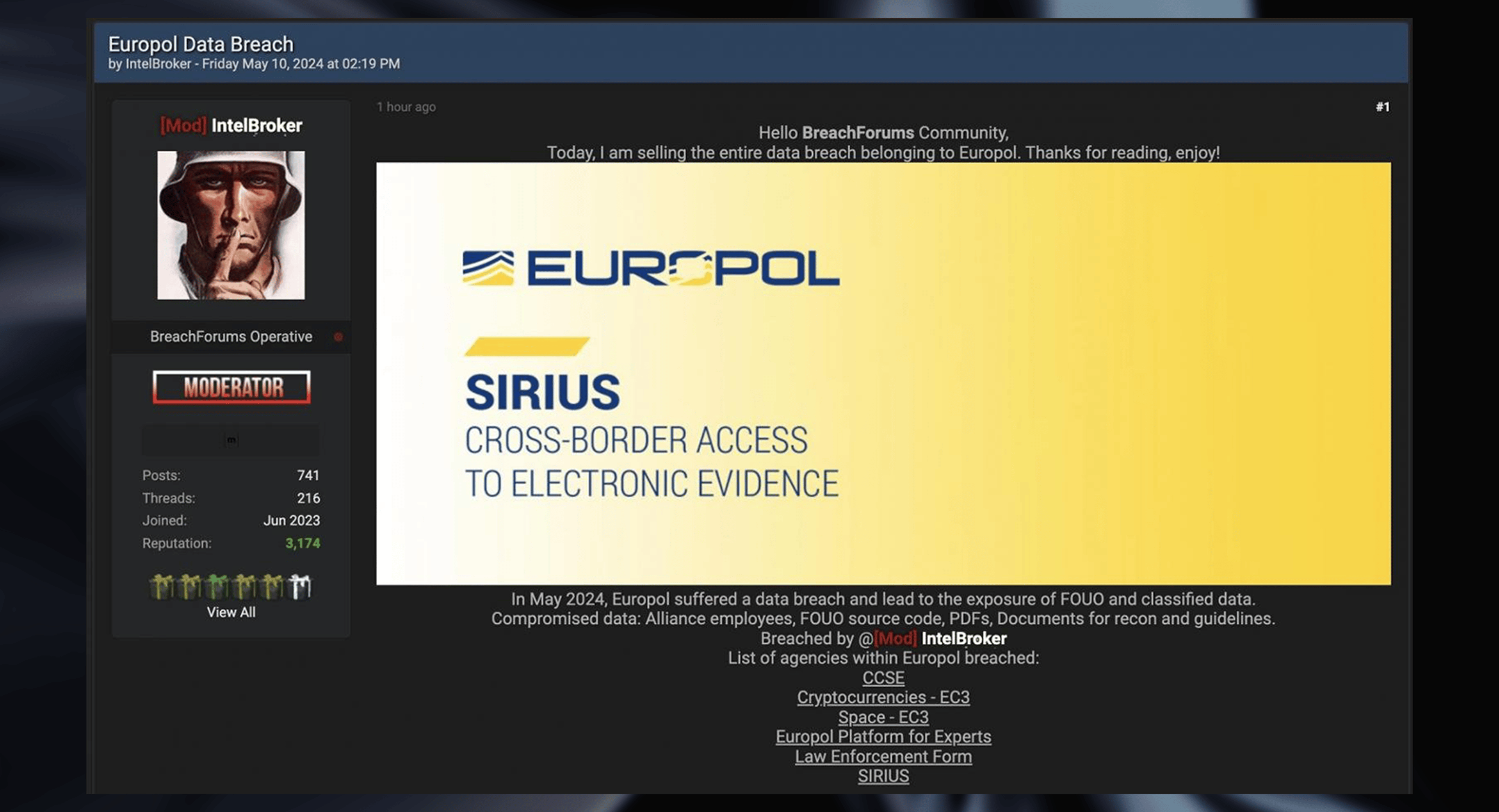 Figure 2: IntelBroker offering access to Europol.