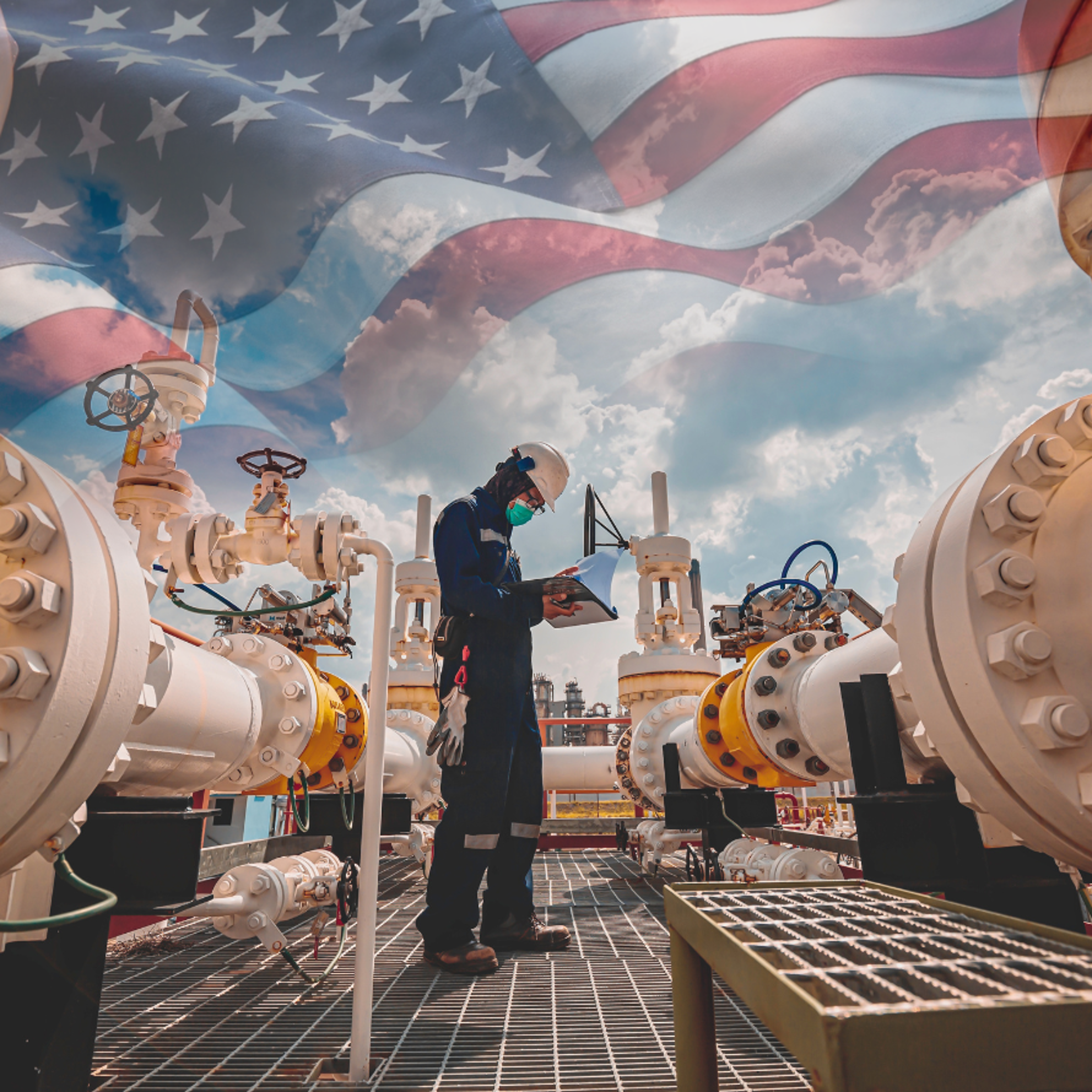 American Flag Hanging Over Man Reading Notes Near Pipes