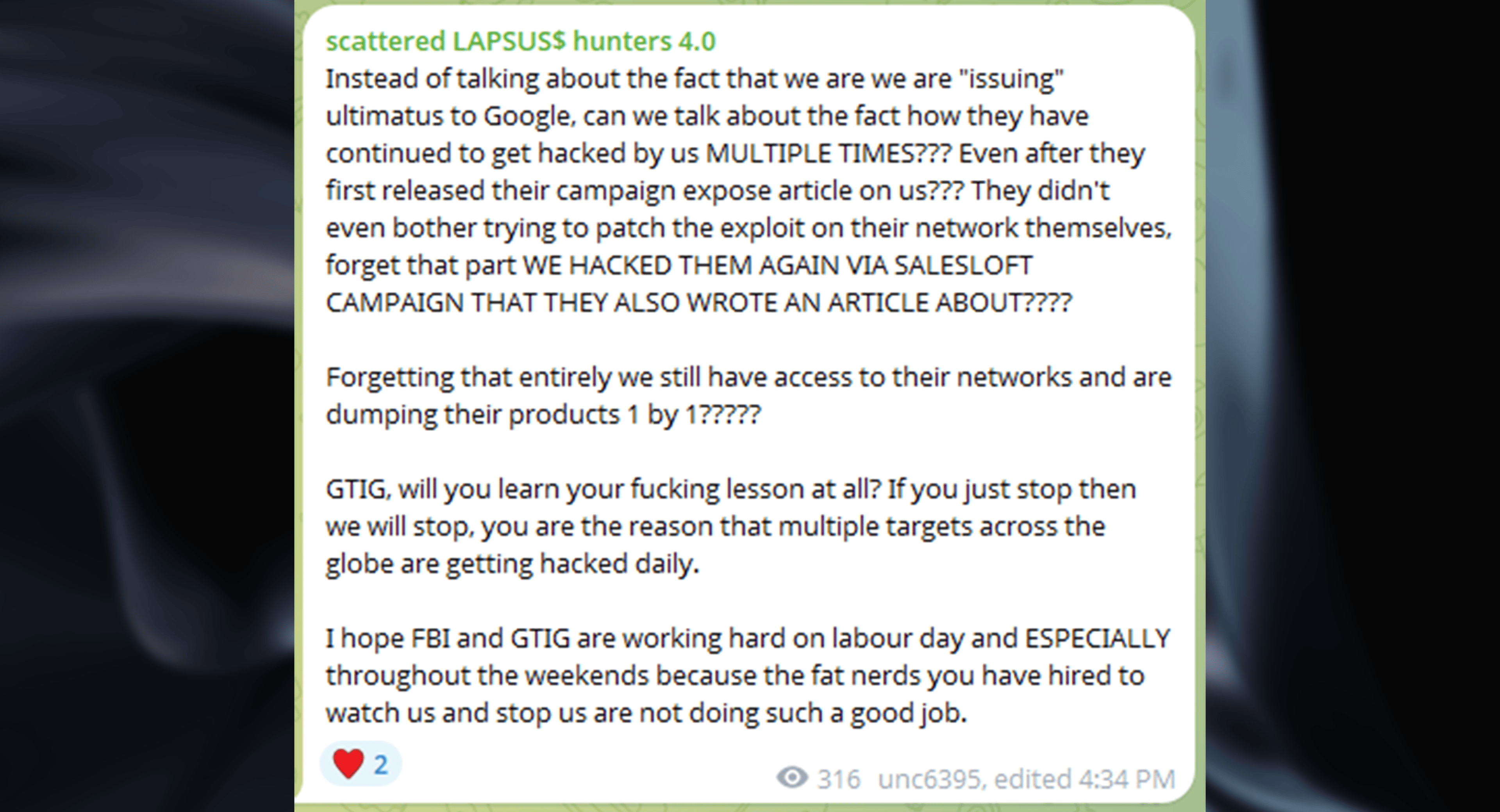 Cybercriminals on Telegram claim responsibility for the Salesloft breach. (Source: KrebsOnSecurity) 