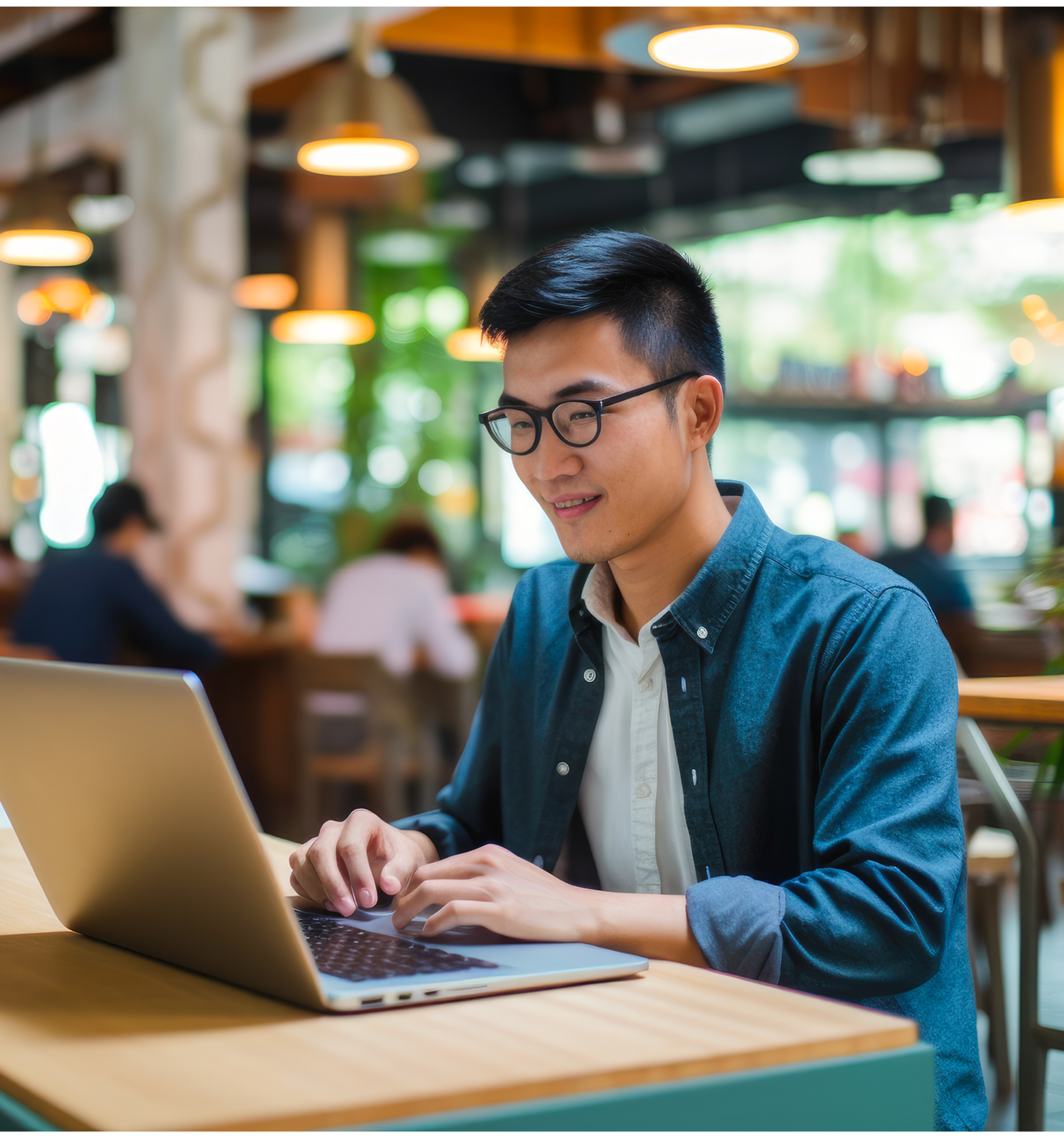 Man Smiling While Using a Laptop in a Cafe