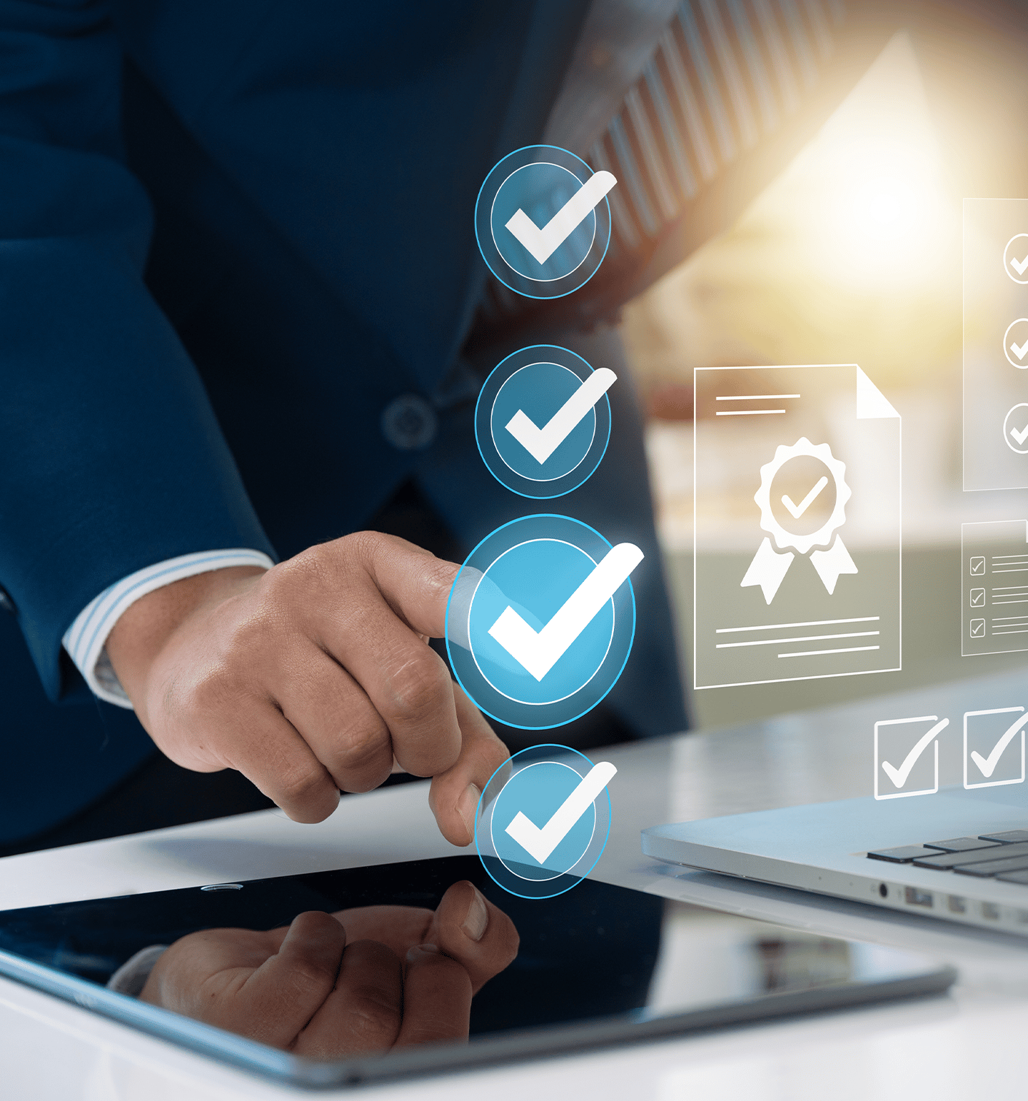 Close Up of Check Marks and a Hand Pushing Them