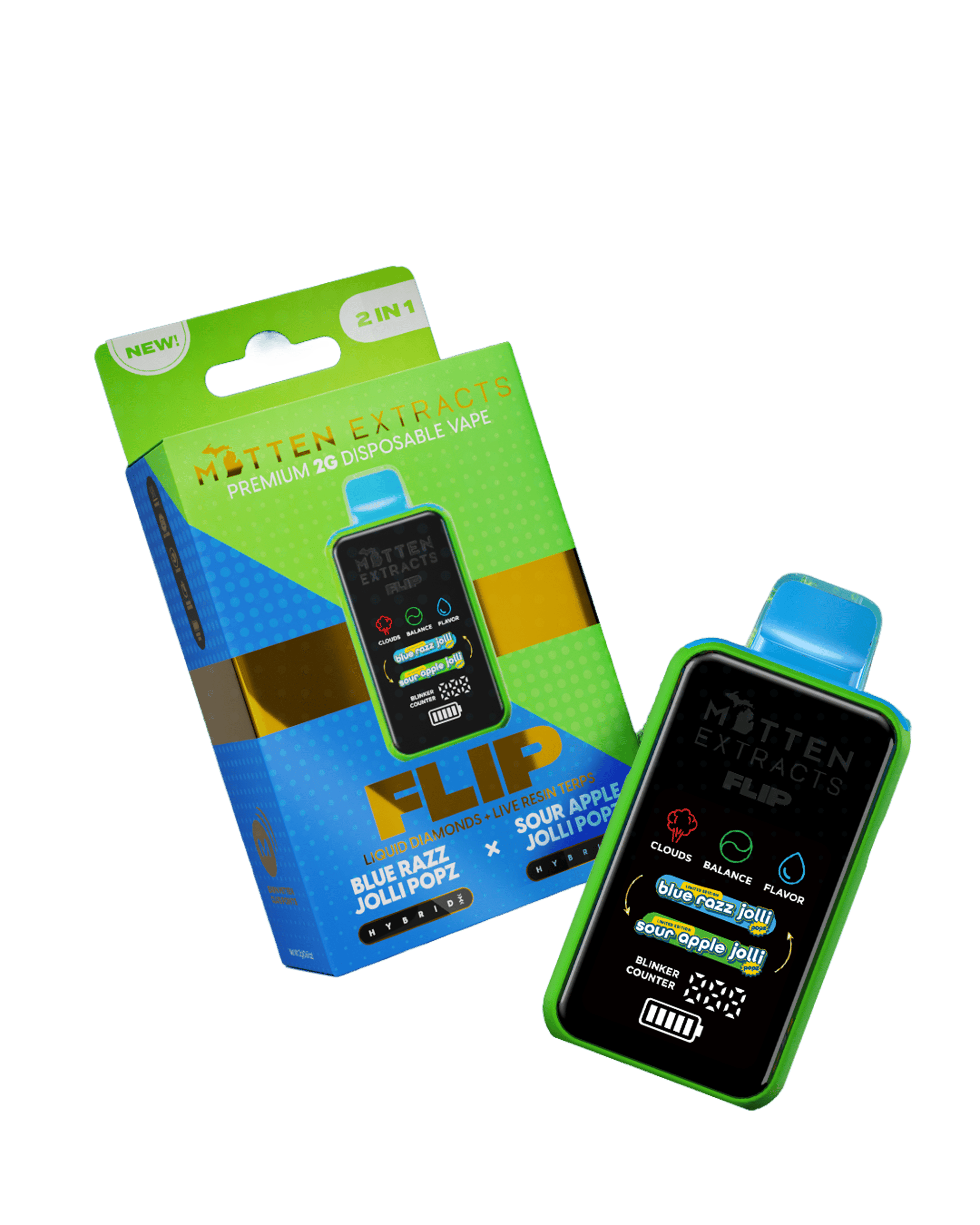 Blue Razz Jolli Popz X Sour Apple Jolli Popz Flip Disposable Cart 2g