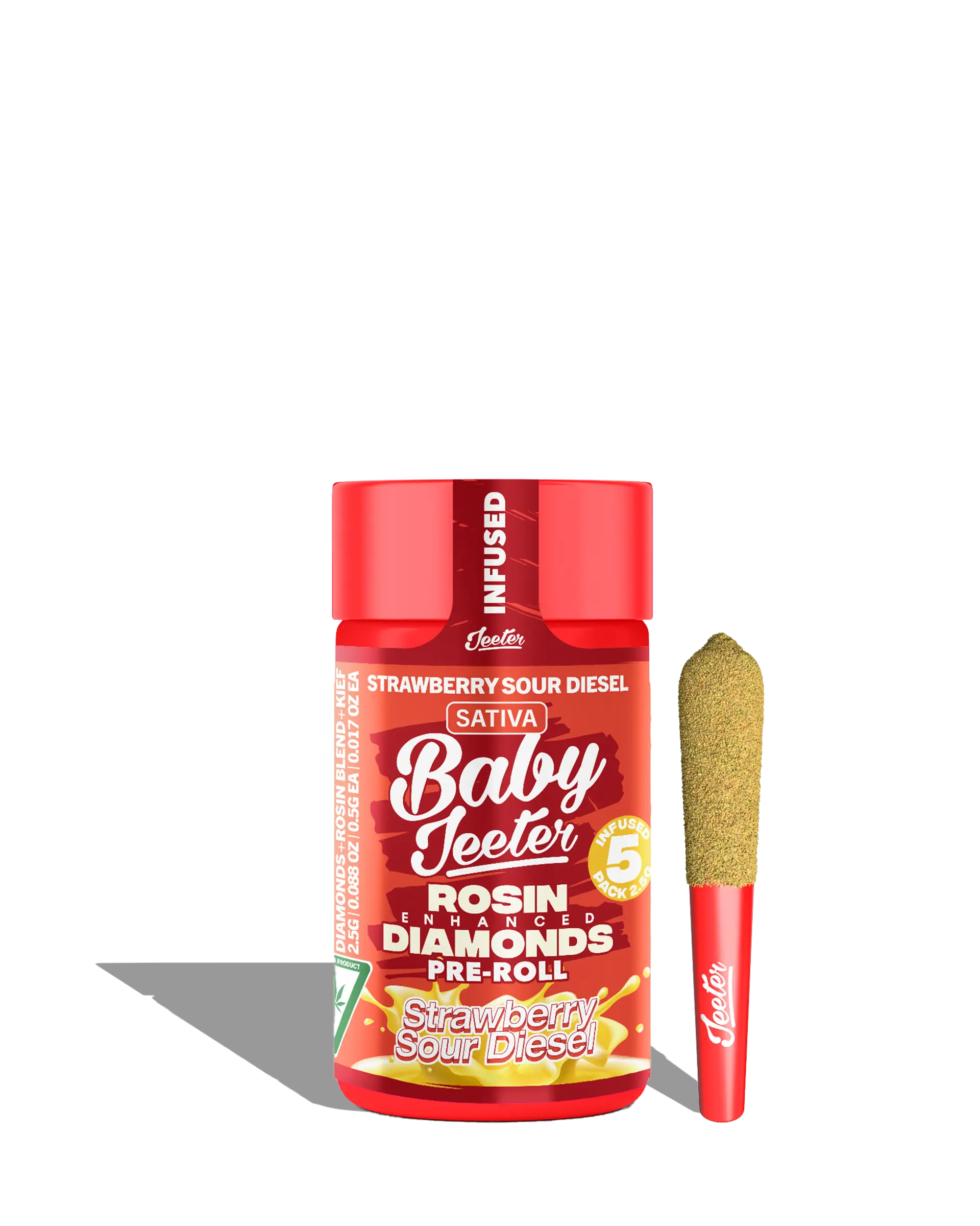 Live Rosin Enhanced Baby Jeeter Strawberry Sour Diesel Infused Preroll 5-pack